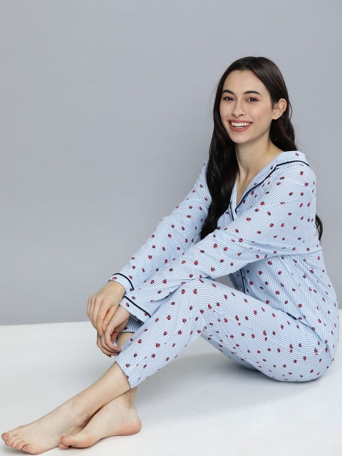 

HERE&NOW Women White & Black Striped Night suit