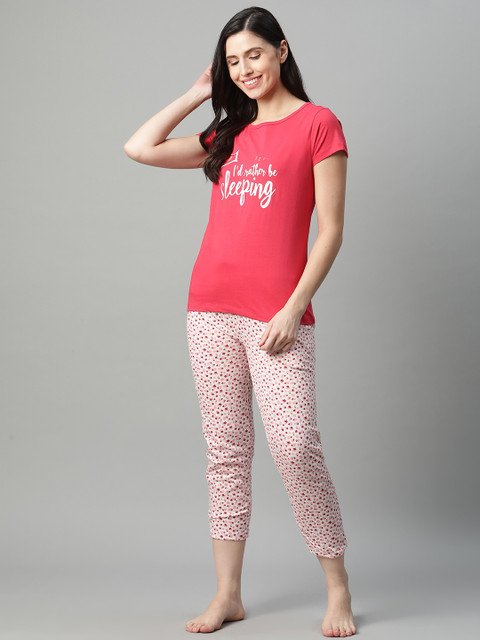 

HERE&NOW Women Coral Red & White Pure Cotton Printed Night suit