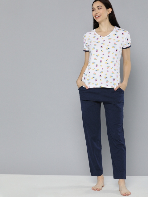 

HERE&NOW Women White & Navy Blue Printed Night suit