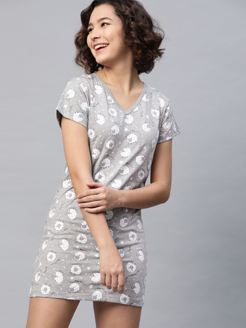 

HERE&NOW Women Grey & White Printed Nightdress