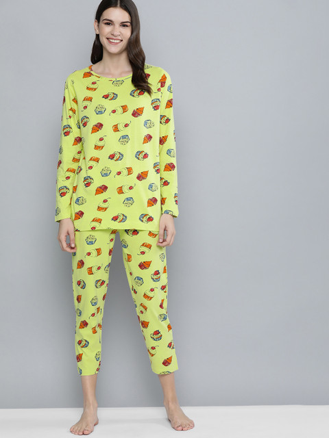 

HERE&NOW Women Green & Multicoloured Printed Night suit
