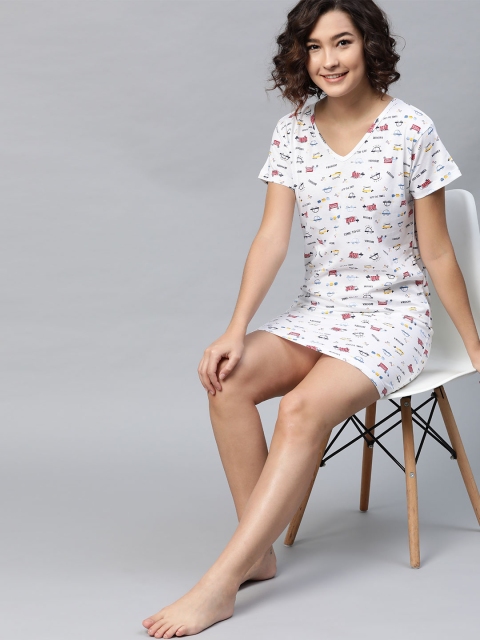 

HERE&NOW Women White & Red Printed Pure Cotton Nightdress