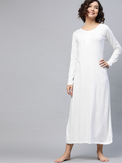 

HERE&NOW White & Blue Polka Dot Printed Maxi Nightdress