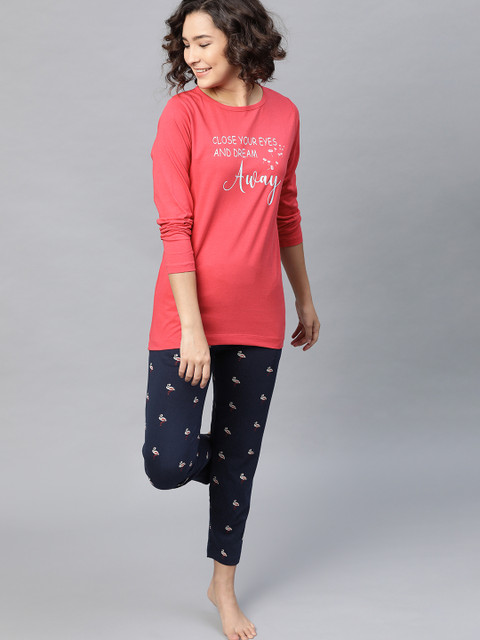 

HERE&NOW Women Red & Navy Blue Printed Pure Cotton Night suit