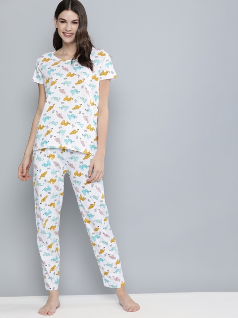 

HERE&NOW Women White & Yellow Printed Night suit