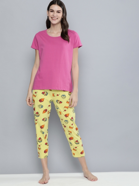 

HERE&NOW Women Pink & Yellow Solid Night suit
