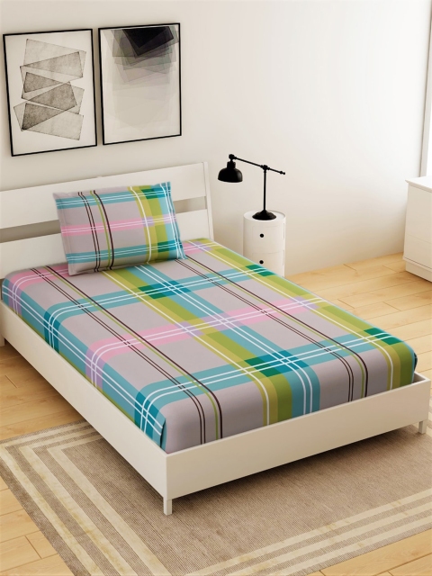 

Salona Bichona Green & Pink Striped 144 TC Polyester 1 Single Bedsheet with 1 Pillow Covers
