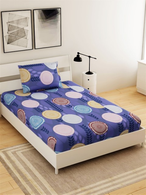 

Salona Bichona Navy Blue & Yellow Abstract 144 TC Polyester 1 Single Bedsheet with 1 Pillow Covers