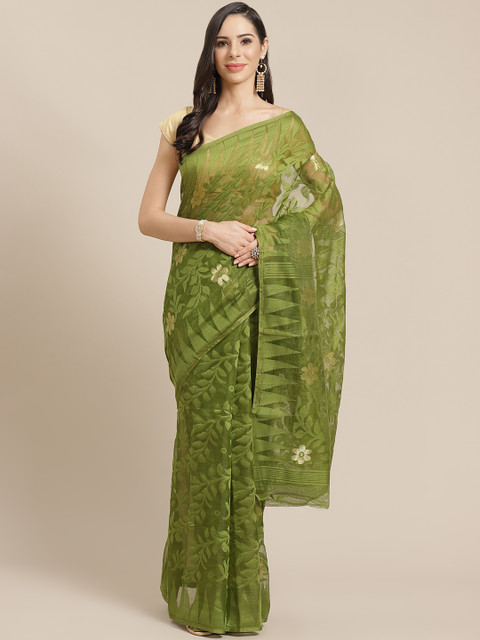 

Kalakari India Olive Green & Golden Woven Design Jamdani Handloom Saree