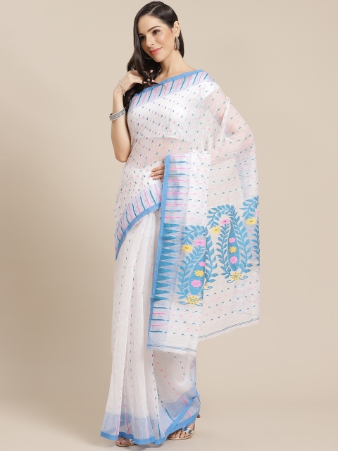 

Kalakari India White & Blue Woven Design Jamdani Handloom Saree