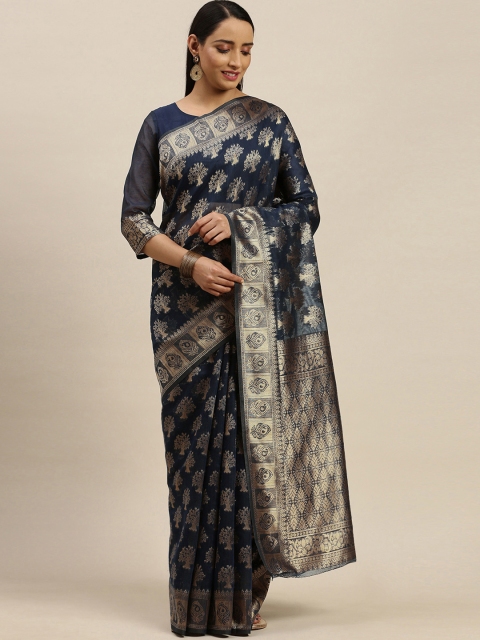 

Mitera Navy Blue & Golden Silk Blend Woven Design Kanjeevaram Saree