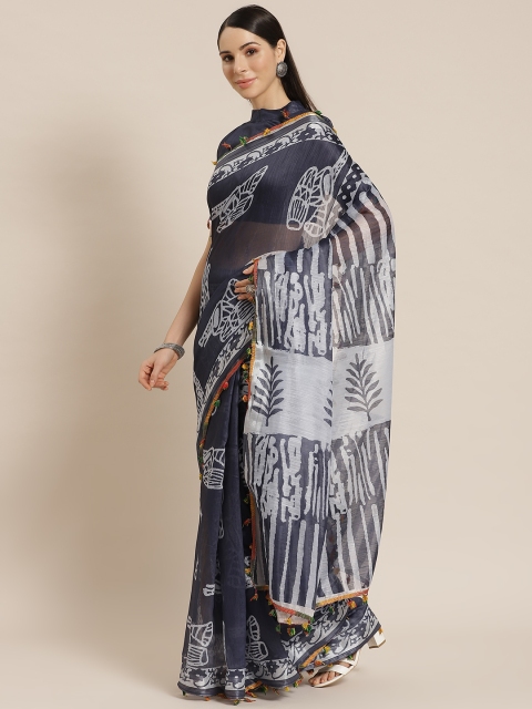 

Mitera Navy Blue & Grey Warli Jamdani Saree