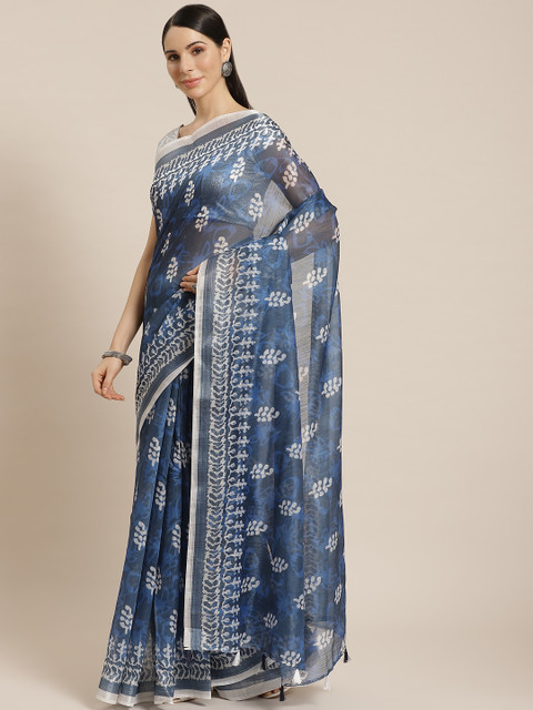 

Mitera Blue & White Ethnic Motifs Printed Indigo Saree
