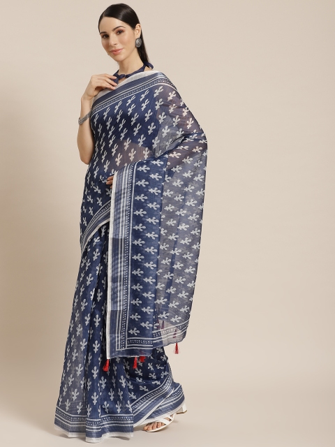 

Mitera Navy Blue & Grey Ethnic Motifs Printed Jamdani Saree