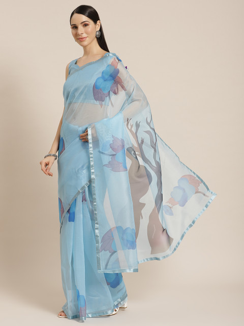 

Mitera Blue Floral Printed Jamdani Saree