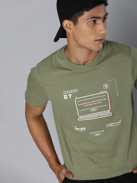 

Kook N Keech Men Olive Green White Typography Printed Pure Cotton T-shirt