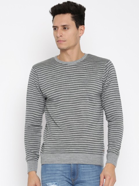 

Mast & Harbour Men Grey Melange Striped Sweater