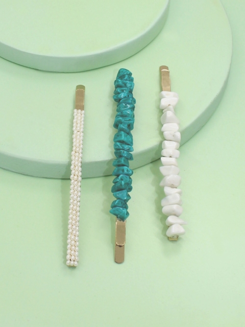 

Runway Ritual Turquoise Blue & Gold-Toned Set of 3 Embellished Tic Tac Hair Clip