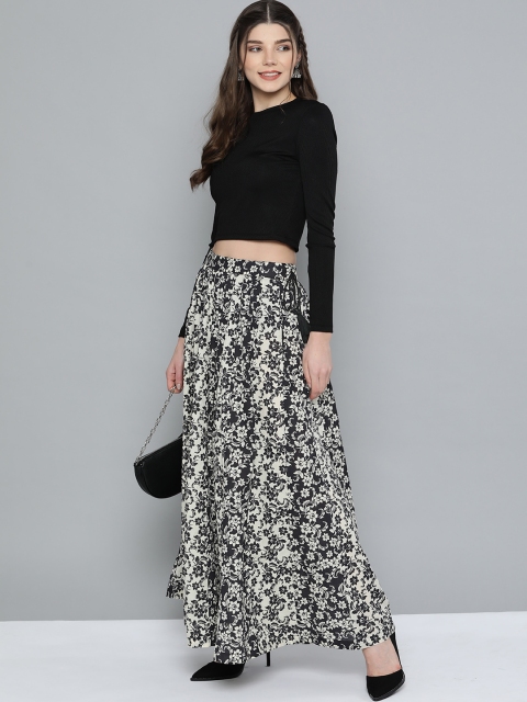 

HERE&NOW Women Black & Off-White Floral Printed Pure Cotton Panelled Maxi Skirt