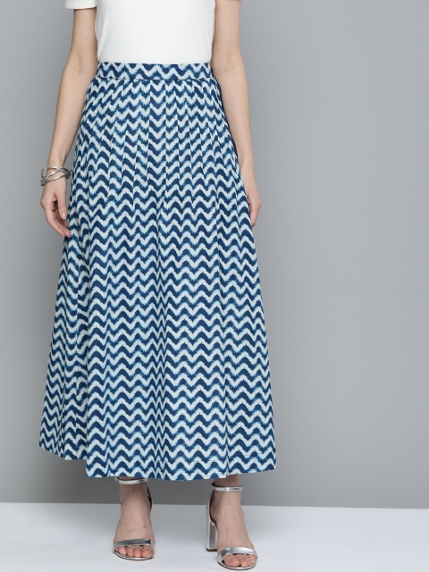 

HERE&NOW Women Blue & White Pure Cotton Dyed Maxi Flared Skirt