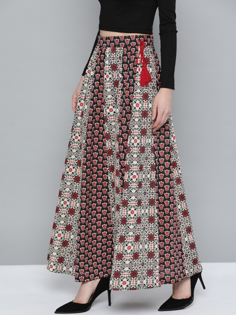 

HERE&NOW Women Black & Maroon Ethnic Motifs Printed Pure Cotton Panelled Maxi Skirt