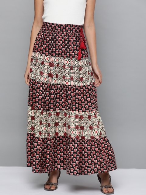 

HERE&NOW Women Black & Maroon Printed Tiered Maxi Skirt