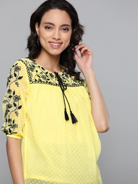 

Here&now Yellow & Black Dobby Weaved Tie-up Neck Puff Sleeves Top