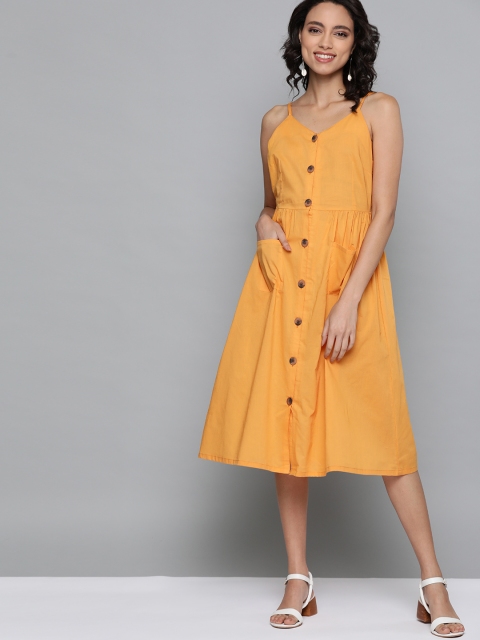 

HERE&NOW Women Mustard Yellow Solid Smocked Cotton A-Line Midi Dress