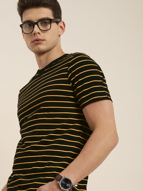 

INVICTUS Men Black Yellow Striped Pure Cotton T-shirt