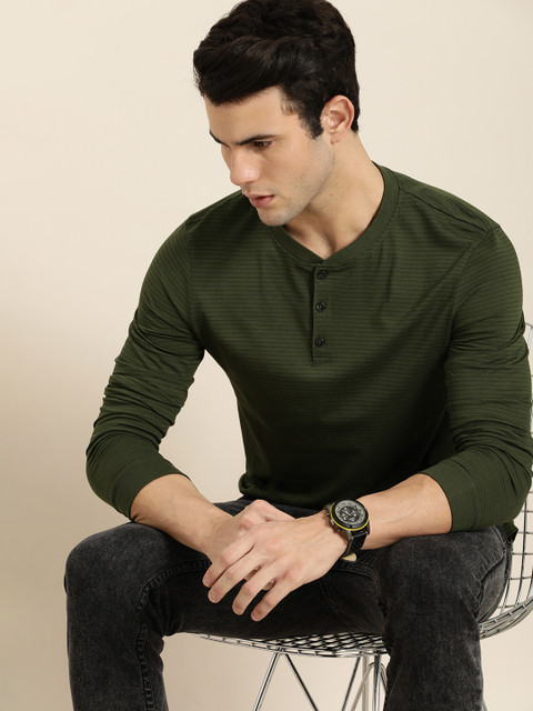 

INVICTUS Men Olive Green Striped Henley Neck Pure Cotton T-shirt