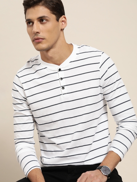 

INVICTUS Men White & Black Pure Cotton Striped Henley Neck T-shirt