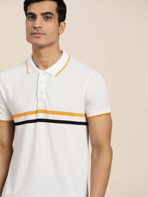 

INVICTUS Men White & Navy Blue Pure Cotton Striped Polo Collar T-shirt