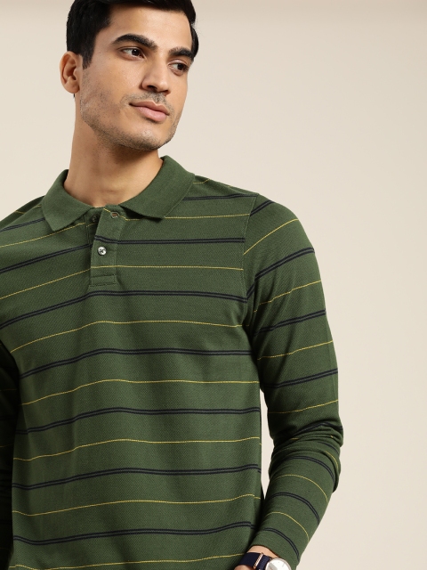 

INVICTUS Men Olive Green Navy Blue Striped Pure Cotton Polo Collar Pure Cotton T-shirt
