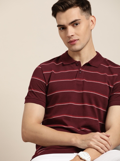 

INVICTUS Men Burgundy Red Striped Pure Cotton Polo Collar Pure Cotton T-shirt