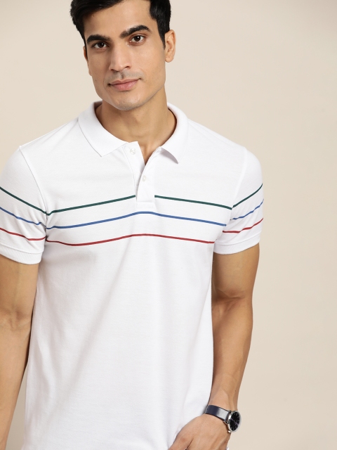 

INVICTUS Men White Navy Blue Striped Pure Cotton Polo Collar Pure Cotton T-shirt