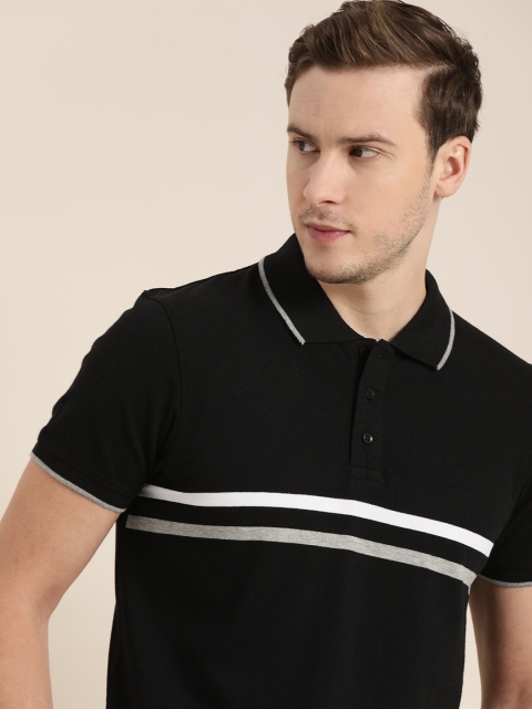 

INVICTUS Men Black & White Cotton Striped Detail Polo Collar T-shirt