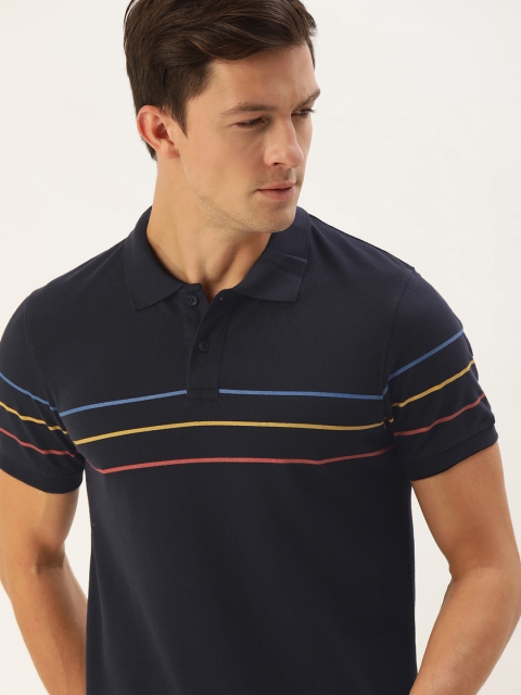 

INVICTUS Men Navy Blue & Yellow Striped Polo Collar T-shirt