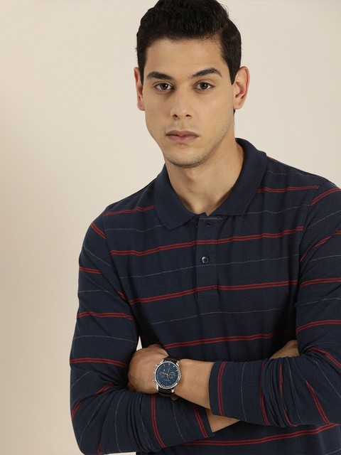 

INVICTUS Men Navy Blue & Red Pure Cotton Striped Polo Collar T-shirt