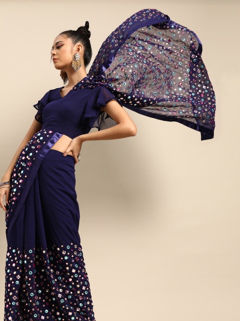 

Tikhi Imli Navy Blue & Pink Mirror Work Embellished Celebrity Saree