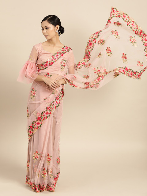 

Tikhi Imli Pink & Red Net Embroidered Saree