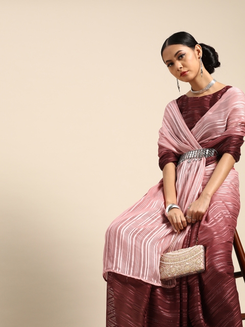 

Tikhi Imli Pink & Burgundy Satin Striped Saree With Ombre Effect