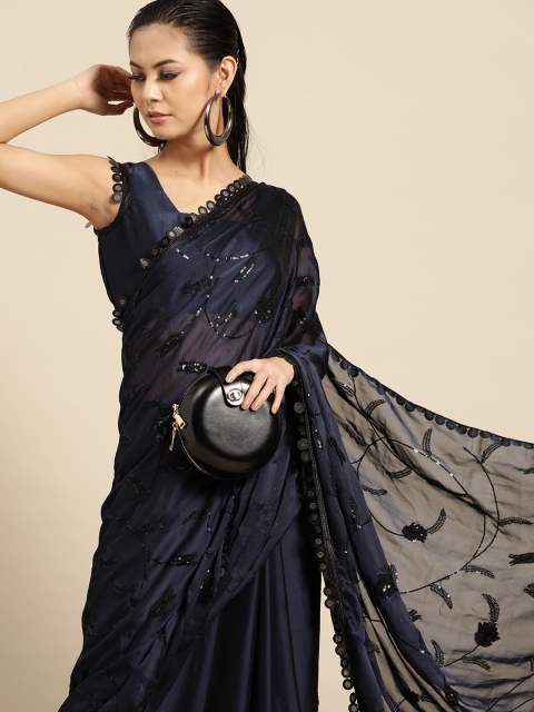 

Tikhi Imli Navy Blue Sequinned Embellished Satin Celebrity Saree