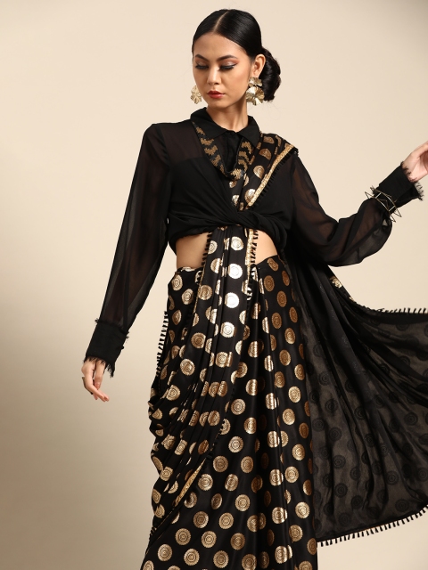 

Tikhi Imli Black & Golden Satin Foil Printed Saree