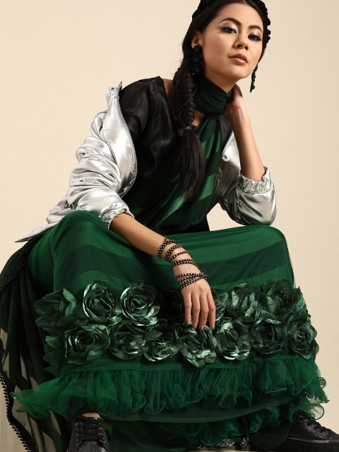 

Tikhi Imli Green & Black Satin Striped Saree