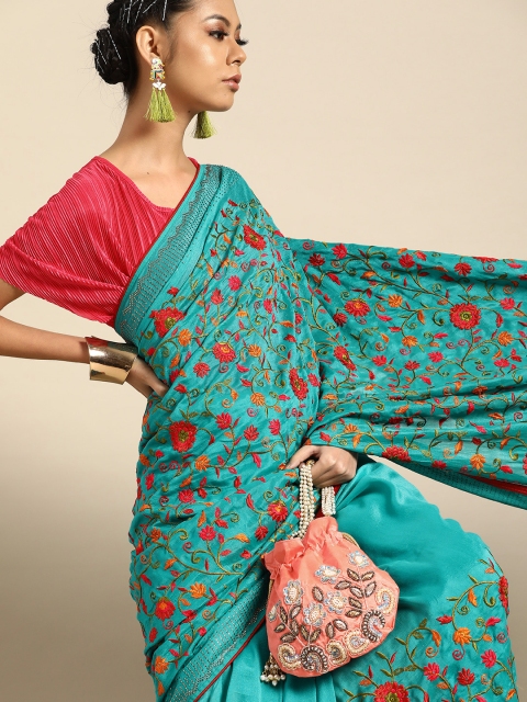 

Tikhi Imli Teal Green & Pink Embroidered Saree