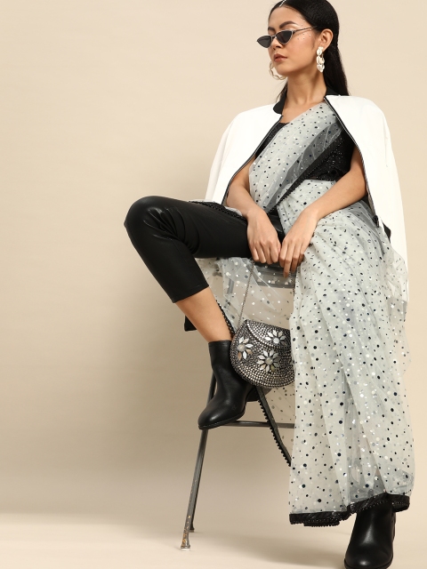 

Tikhi Imli Grey & Black Net Printed Saree