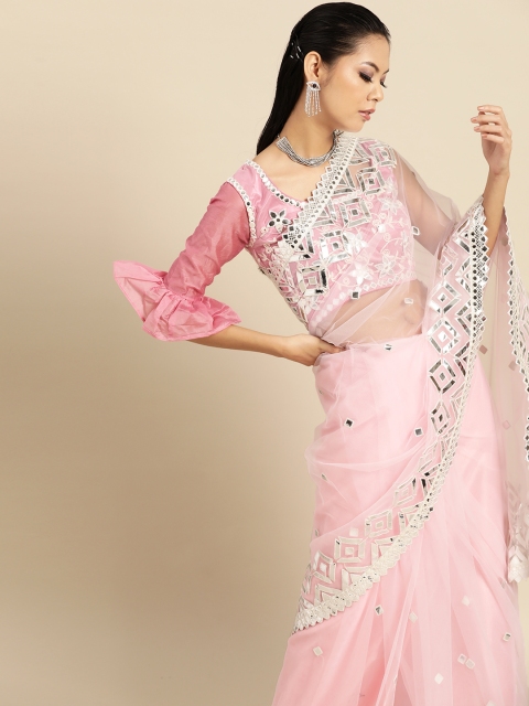 

Tikhi Imli Pink & Silver Mirror Work Embellished Net Celebrity Saree