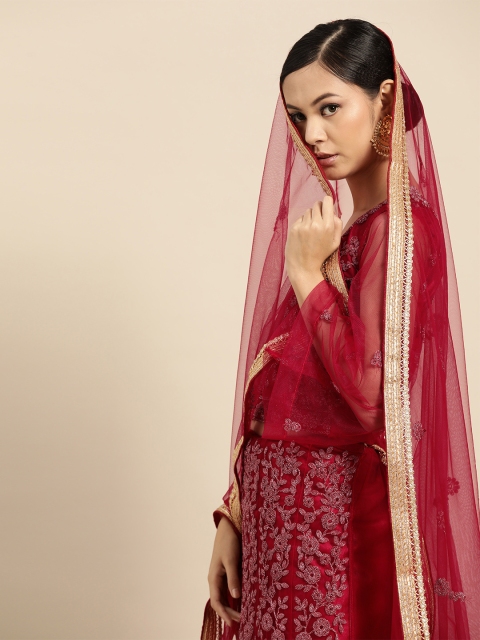 

Tikhi Imli Maroon & Silver Net Embellished Lehenga Saree