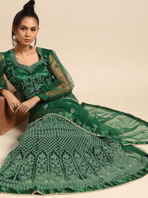 

Tikhi Imli Green Embellished Katha Work Net Lehenga Saree