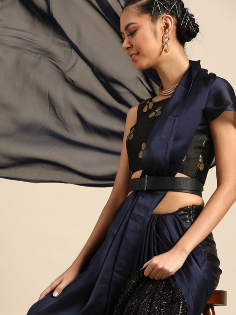 

Tikhi Imli Navy Blue Solid Saree
